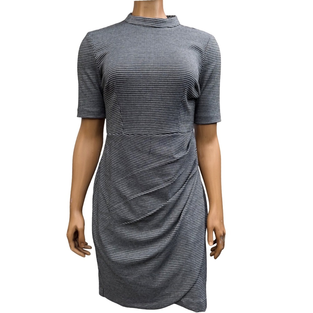 H&M Sheath Dress Houndstooth Draped Mock Neck Office Siren Professional Chic 6